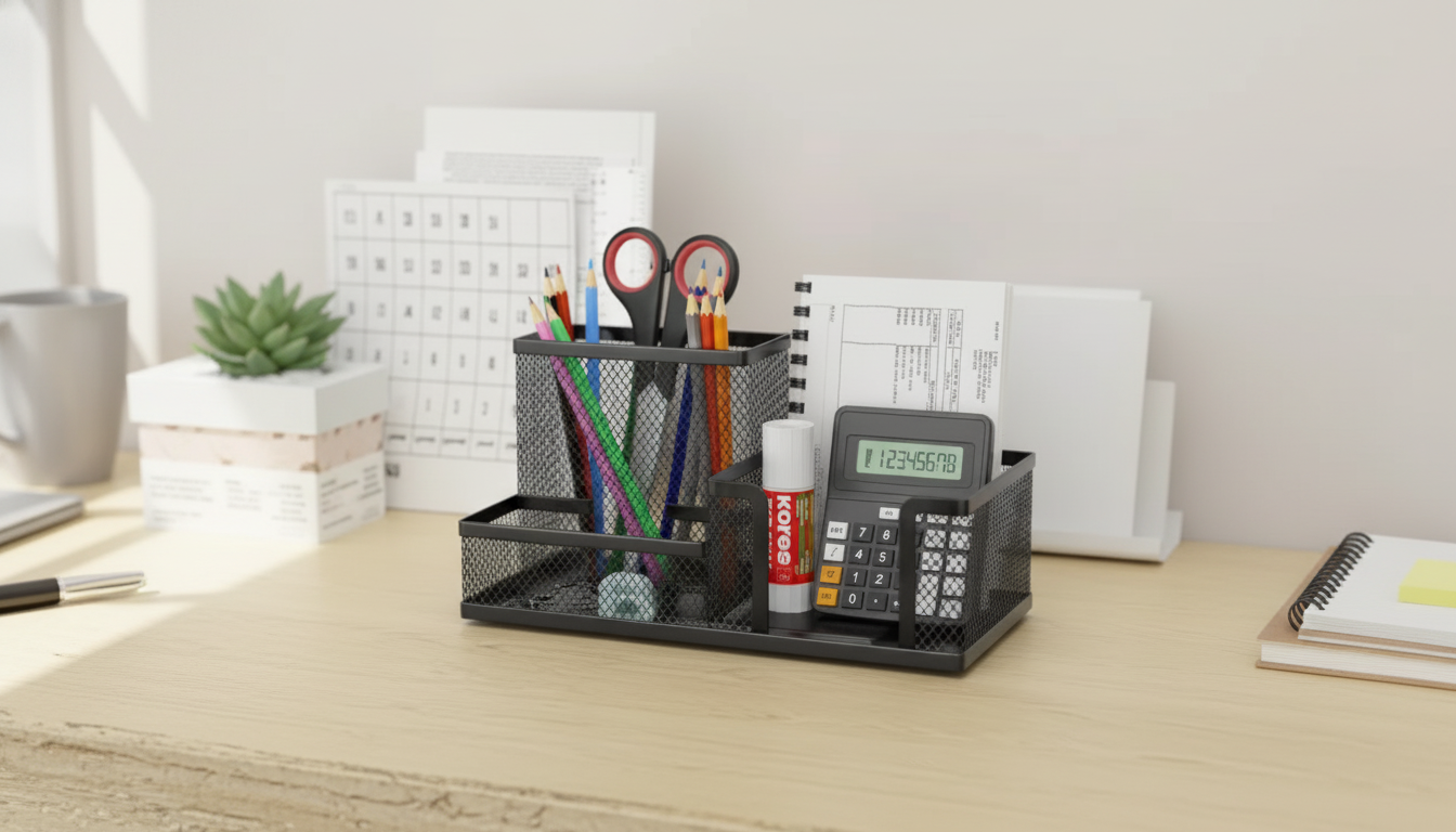 Black Mesh Desk Organizer: 3 Compartments + Pencil Holder
