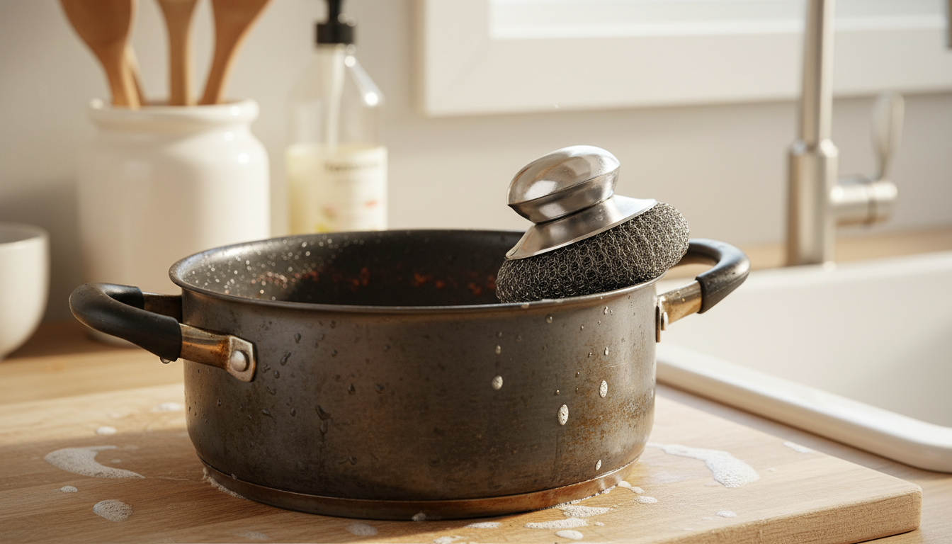 Stainless Pot Brush with Handle for Burnt-On Cleanup